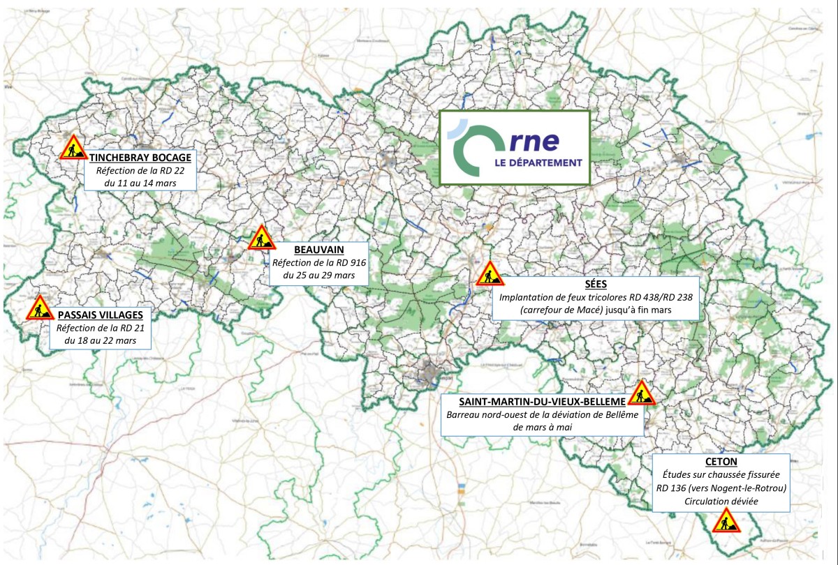 Carte des travaux au mois de mars 2024 ©CD61