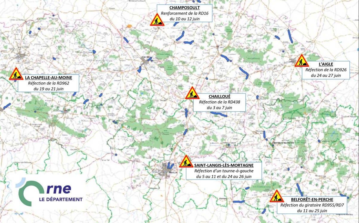 Carte des travaux des routes de l'Orne juin 2024 ©CD61