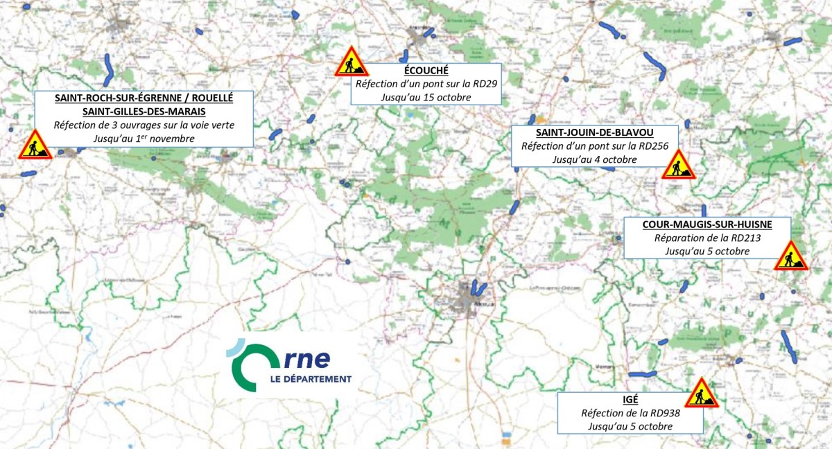 Carte des travaux sur les routes de l'Orne en octobre 2024 ©CD61